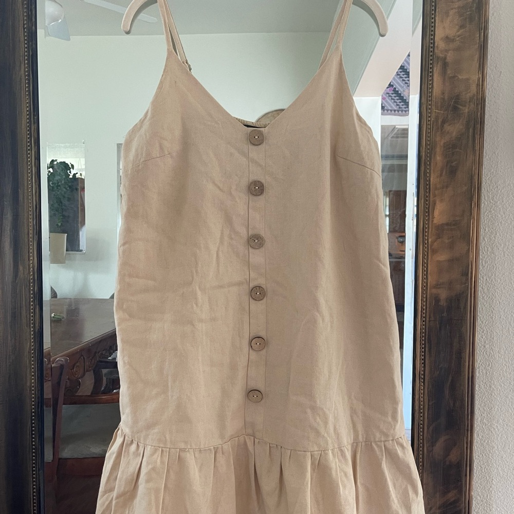 Linen Blend Beige Mini Sundress